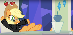 Size: 1598x768 | Tagged: safe, artist:adamanimationz, applejack, earth pony, pony, g4, apple, clothes, female, food, friendship throne, glasses, hat, hologram, hooves on the table, parody, reclining, reference, solo, source, steve jobs, sweater, throne, youtube link