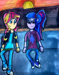 Size: 400x507 | Tagged: safe, artist:olgasot12, sci-twi, sunset shimmer, twilight sparkle, equestria girls, g4, alternate clothes, contest entry, converse, female, lesbian, looking at each other, ship:sci-twishimmer, ship:sunsetsparkle, shipping, shoes, sunset, traditional art