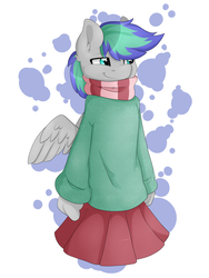Size: 3000x4000 | Tagged: safe, artist:lionbun, oc, oc only, oc:storm feather, pegasus, anthro, clothes, crossdressing, cute, male, pleated skirt, scarf, skirt, solo, stallion