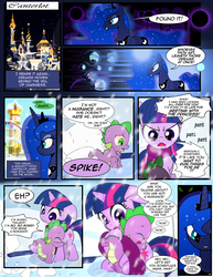 Size: 1275x1650 | Tagged: safe, artist:dsana, king sombra, princess luna, spike, starlight glimmer, sunburst, twilight sparkle, alicorn, dragon, pony, unicorn, comic:the shadow shard, g4, abuse, angry, canterlot, clothes, comic, crying, dream, dream walker luna, female, filly, filly twilight sparkle, glowing horn, horn, scarf, snow, sombra eyes, speech bubble, spikeabuse, younger