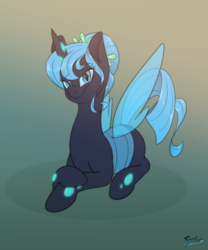 Size: 2500x3000 | Tagged: safe, artist:fluffyxai, oc, oc only, oc:queen polistae, changeling, changeling queen, pony, abstract background, bedroom eyes, blue changeling, calm, changeling oc, changeling queen oc, curly tail, female, forelegs crossed, gradient background, hair bun, high res, looking at you, prone, sitting, smiling, smirk, solo