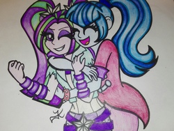 Size: 3690x2768 | Tagged: safe, artist:mlpshimmysunshine123, aria blaze, sonata dusk, equestria girls, g4, duo, eyes closed, female, happy, high res, hug, hug from behind, one eye closed, signature, simple background, sisters, smiling, traditional art, white background