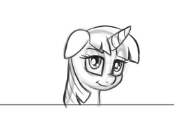 Size: 3508x2480 | Tagged: safe, artist:mc_labs15, twilight sparkle, pony, unicorn, g4, black and white, cute, eyebrows, female, floppy ears, grayscale, high res, monochrome, sketch, smiling, solo, twiabetes, wip