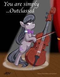 Size: 720x928 | Tagged: safe, artist:texasuberalles, part of a set, octavia melody, earth pony, pony, g4, bipedal, bowtie, cello, colored pencil drawing, female, hoof hold, mare, marker drawing, musical instrument, solo, spotlight, stage, traditional art