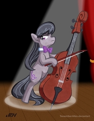 Size: 720x928 | Tagged: safe, artist:texasuberalles, part of a set, octavia melody, earth pony, pony, g4, bipedal, bow, bowtie, cello, colored pencil drawing, concert, female, hoof hold, looking at you, mare, marker drawing, musical instrument, scene, solo, spotlight, stage, standing, traditional art