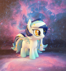 Size: 767x825 | Tagged: safe, artist:krowzivitch, oc, oc only, oc:wistful galaxy, bat pony, pony, commission, craft, diorama, female, figurine, filly, sculpture, solo, standing, starry backdrop, traditional art