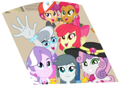 Size: 8871x6354 | Tagged: safe, artist:punzil504, apple bloom, babs seed, diamond tiara, gabby, scootaloo, silver spoon, sweetie belle, equestria girls, equestria girls specials, g4, my little pony equestria girls: better together, my little pony equestria girls: forgotten friendship, absurd resolution, cutie mark, cutie mark crusaders, equestria girls-ified, glasses, happy, hat, photo, simple background, smiling, the cmc's cutie marks, transparent background