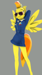 Size: 2160x3840 | Tagged: safe, artist:the_fatcat, spitfire, anthro, plantigrade anthro, g4, 3d, arm behind head, clothes, female, flower, flower in hair, high res, looking at you, soles, solo, source filmmaker, sunglasses, tail, wings