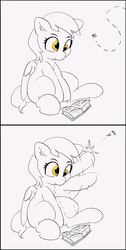 Size: 3939x7836 | Tagged: safe, artist:pabbley, derpy hooves, fly, pegasus, pony, g4, book, comic, female, mare, monochrome, partial color, reading, simple background, sketch, smiling, solo, white background, wings