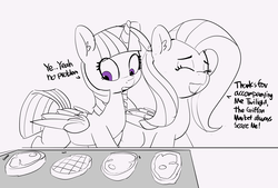 Size: 5613x3803 | Tagged: safe, artist:pabbley, fluttershy, twilight sparkle, alicorn, pony, g4, drool, eyes closed, female, food, mare, meat, monochrome, omnivore twilight, ponies wanting to eat meat, simple background, sketch, smiling, twilight sparkle (alicorn)