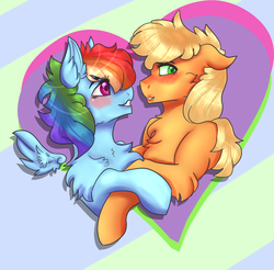 Size: 1024x1007 | Tagged: safe, artist:vvalent, applejack, rainbow dash, g4, blushing, chest fluff, female, lesbian, looking away, ship:appledash, shipping