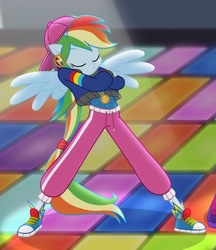Size: 556x644 | Tagged: safe, screencap, rainbow dash, equestria girls, equestria girls specials, g4, my little pony equestria girls: dance magic, converse, cropped, dance floor, eyes closed, female, ponied up, rapper dash, shoes, sneakers