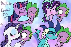 Size: 1024x675 | Tagged: safe, artist:emositecc, princess ember, rarity, spike, starlight glimmer, twilight sparkle, dragon, pony, unicorn, g4, blushing, female, forehead kiss, heart, kissing, male, ship:emberspike, ship:sparity, ship:sparlight, ship:twispike, shipping, spike gets all the mares, straight