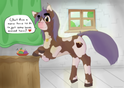 Size: 1250x889 | Tagged: safe, artist:fuzzypones, oc, oc only, oc:vanillacream cocoa, pony, blushing, colored, crossed arms, female, jewelry, pendant, solo, speech bubble, window