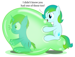 Size: 4000x3000 | Tagged: safe, artist:bladedragoon7575, oc, oc only, oc:balance blade, oc:delphina depths, balloon, encasement, simple background, surprised, that pony sure does love balloons, transparent background