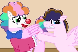 Size: 2048x1380 | Tagged: safe, artist:kindheart525, oc, oc only, oc:confetti surprise, oc:cotton tuft, pegasus, pony, kindverse, clown, clown nose, female, mother and daughter, offspring, parent:cheese sandwich, parent:oc:confetti surprise, parent:oc:lightning bolt, parent:pinkie pie, parents:cheesepie, red nose
