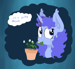Size: 3150x2916 | Tagged: safe, artist:paskanaakka, derpibooru exclusive, oc, oc only, oc:midnight dew, pony, unicorn, abstract background, bust, dialogue, eating, female, flower, flower pot, herbivore, high res, horn, horses doing horse things, mare, pony oc, portrait, solo, unicorn oc
