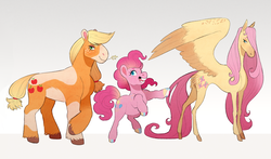 Size: 1280x753 | Tagged: safe, artist:sutexii, applejack, fluttershy, pinkie pie, earth pony, pegasus, pony, g4, butt fluff, coat markings, colored hooves, crossed hooves, cutie mark, female, gradient background, gray background, grin, hoof polish, modelshy, piebald coat, pinto, rearing, simple background, smiling, spread wings, trio, wings