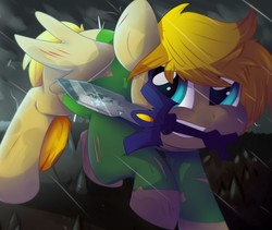 Size: 868x734 | Tagged: safe, artist:donutnerd, oc, oc only, oc:winds (old version), pony, battle pose, lightning, link, solo, storm, sword, the legend of zelda, weapon