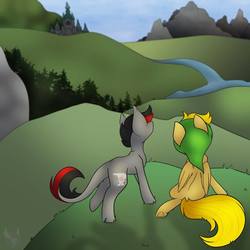 Size: 894x894 | Tagged: safe, artist:melonzy, oc, oc only, oc:cinder smith, oc:winds (old version), pegasus, pony, unicorn, duo, friends, mountain, river, scenery, sitting, standing