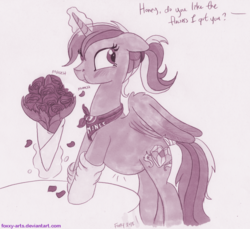 Size: 981x900 | Tagged: safe, artist:foxxy-arts, princess cadance, alicorn, pony, g4, bandana, belly, blushing, bouquet, clothes, cravings, cute, cutedance, eating, female, flower, herbivore, horses doing horse things, implied flurry heart, implied shining armor, magic, mare, ponytail, pregdance, pregnancy cravings, pregnant, rose, socks, solo, tail wrap