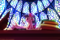 Size: 1125x750 | Tagged: safe, artist:lumineko, twilight sparkle, alicorn, deity, pony, g4, blushing, book, desk, female, like a boss, mare, misspelling, quill, smiling, solo, spread wings, stained glass, twilight sparkle (alicorn), wings, writing