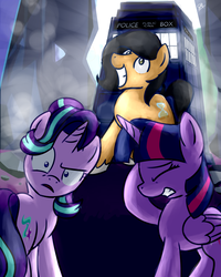 Size: 1024x1280 | Tagged: safe, artist:sugar morning, starlight glimmer, twilight sparkle, oc, alicorn, pony, g4, castle, commission, confused, crash, debris, doctor who, facehoof, female, huh, male, mare, princess, smoke, stallion, tardis, the doctor, trio, twilight sparkle (alicorn), weird