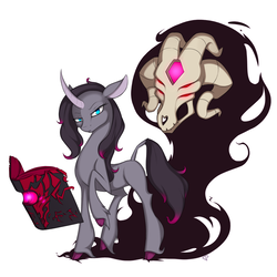 Size: 2100x2100 | Tagged: safe, artist:theparagon, fhtng th§ ¿nsp§kbl, oleander (tfh), classical unicorn, demon, them's fightin' herds, book, cloven hooves, colored hooves, community related, curved horn, high res, horn, looking at you, raised hoof, simple background, unicornomicon, unshorn fetlocks, white background