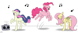 Size: 4810x2038 | Tagged: safe, artist:ggchristian, bon bon, fluttershy, pinkie pie, sweetie drops, earth pony, pony, g4, andrea libman, dancing, high res, pronking, radio