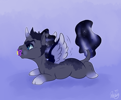 Size: 623x514 | Tagged: safe, artist:qatsby, oc, oc only, oc:somber moon, alicorn, classical unicorn, pony, alicorn oc, baby, baby pony, cloven hooves, colt, ethereal mane, gradient hooves, horn, leonine tail, male, offspring, pacifier, parent:king sombra, parent:princess luna, parents:lumbra, solo, spread wings, starry mane, wings