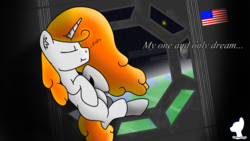 Size: 3072x1728 | Tagged: safe, artist:steamyart, oc, oc only, oc:phenioxflame, pony, unicorn, american flag, earth, eyes closed, floating, quote, sleeping, solo, space, space station, wallpaper, watermark, zero gravity