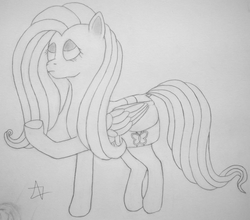 Size: 2217x1954 | Tagged: safe, derpibooru exclusive, fluttershy, pony, g4, female, frown, lineart, looking up, mare, pencil drawing, rain, saddle bag, signature, solo, traditional art, underhoof, wip