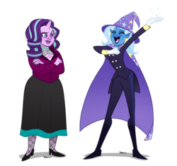 Size: 1244x1169 | Tagged: safe, artist:bubba-smith, starlight glimmer, trixie, human, g4, clothes, duo, horn, horned humanization, humanized, simple background, transparent background