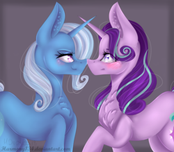 Size: 4000x3500 | Tagged: safe, artist:harmony134, starlight glimmer, trixie, pony, unicorn, g4, blushing, boop, female, lesbian, looking at each other, noseboop, ship:startrix, shipping, smiling, smirk