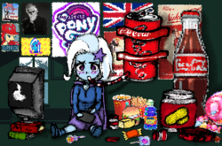 Size: 758x500 | Tagged: safe, artist:starwantrix, trixie, equestria girls, g4, apple, coca-cola, fallout, fast food, flag, food, nuka cola, oxxxymiron, peanut butter, pixel art, poster, united kingdom