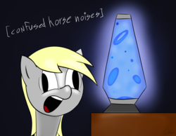 Size: 1200x931 | Tagged: safe, artist:icy wind, derpy hooves, pony, g4, confused, descriptive noise, female, horse noises, lava lamp, solo, text