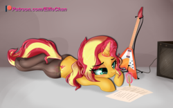 Size: 4000x2500 | Tagged: safe, artist:katakiuchi4u, sunset shimmer, pony, unicorn, g4, clothes, cute, electric guitar, female, gibson flying v, glowing horn, guitar, guitar amp, high res, horn, magic, mare, musical instrument, pantyhose, patreon, patreon logo, pencil, shimmerbetes, smiling, solo, stockings, thigh highs, writing