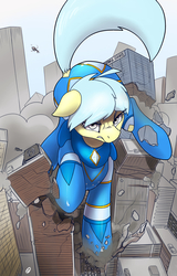 Size: 1600x2500 | Tagged: safe, artist:wolfenstyle, oc, oc only, oc:ultramare, earth pony, pony, angry, building, city, crushing, destruction, female, giant pony, implied death, looking at you, macro, mare, running, tail, tail hole