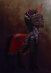 Size: 600x849 | Tagged: safe, artist:wolfiedrawie, king sombra, pony, unicorn, g4, armor, beard, cape, clothes, crown, curved horn, facial hair, horn, jewelry, male, regalia, sideburns, solo, stallion