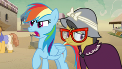Size: 1280x720 | Tagged: safe, screencap, a.k. yearling, daring do, rainbow dash, pony, daring done?, g4, background pony, clothes, glasses, hat, jacket