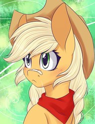 Size: 1300x1700 | Tagged: safe, artist:silbersternenlicht, applejack, earth pony, pony, g4, alternate hairstyle, bandaid, bandaid on nose, bandana, blushing, cowboy hat, cute, female, freckles, hat, jackabetes, mare, neckerchief, solo, stetson