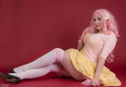 Size: 960x662 | Tagged: safe, artist:lochlan o'neil, fluttershy, human, g4, clothes, cosplay, costume, irl, irl human, photo, pinup, socks, thigh highs