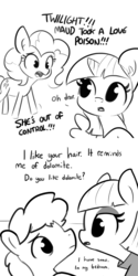 Size: 1650x3300 | Tagged: safe, artist:tjpones, maud pie, pinkie pie, twilight sparkle, alicorn, earth pony, pony, g4, comic, dialogue, ear fluff, female, flirting, grayscale, love poison, male, mare, monochrome, simple background, stallion, subtle as a train wreck, twilight sparkle (alicorn), white background