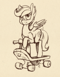 Size: 601x770 | Tagged: safe, artist:skrapbox, scootaloo, pegasus, pony, g4, bandaid, bandaid on nose, female, filly, monochrome, scooter, sketch, solo, traditional art