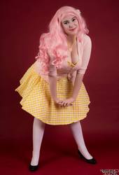 Size: 652x960 | Tagged: safe, artist:lochlan o'neil, fluttershy, human, g4, big breasts, breasts, busty fluttershy, cleavage, clothes, cosplay, costume, cute, high heels, irl, irl human, pantyhose, photo, pinup, shoes, skirt, socks, stockings, thigh highs
