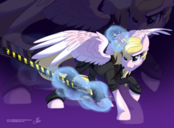 Size: 800x590 | Tagged: dead source, safe, artist:arcadianphoenix, part of a set, oc, oc only, oc:sunshine, alicorn, pony, alicorn oc, commission, fangs, female, levitation, magic, magus, mare, solo, telekinesis, weapon, zoom layer