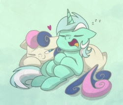 Size: 3500x3000 | Tagged: safe, artist:glitterstar2000, bon bon, lyra heartstrings, sweetie drops, earth pony, pony, unicorn, g4, adorabon, cute, eyes closed, female, heart, high res, lesbian, lyrabetes, mare, one eye closed, open mouth, prone, ship:lyrabon, shipping, simple background, sleeping, smiling, teal background, zzz