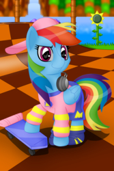 Size: 3495x5243 | Tagged: safe, artist:sergeant16bit, rainbow dash, pony, g4, absurd resolution, backwards hat, clothes, crossover, female, green hill zone, male, pointy shoes, shorts, skateboard, solo, sonic the hedgehog, sonic the hedgehog (series), sonic the hedgehog ova, sweater