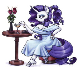Size: 1280x1174 | Tagged: safe, artist:king-kakapo, rarity, unicorn, anthro, unguligrade anthro, alcohol, alternate hairstyle, beautiful, breasts, cleavage, clothes, dress, ear piercing, earring, female, flower, glass, high heels, jewelry, mare, piercing, rose, shoes, simple background, sitting, solo, table, unshorn fetlocks, vase, white background, wine, wine glass