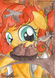 Size: 2445x3482 | Tagged: safe, artist:magnifsunspiration, oc, oc only, oc:smiling sun, bird, pegasus, pony, cuckoo, female, high res, mare, nest, nightingale (bird), solo, traditional art